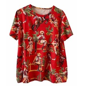 Vintage Cowboy Print Red T-Shirt